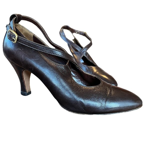 Vintage Jean Marie Chocolate Brown Leather Criss-Cross Strap Pumps Italy - Picture 4 of 15